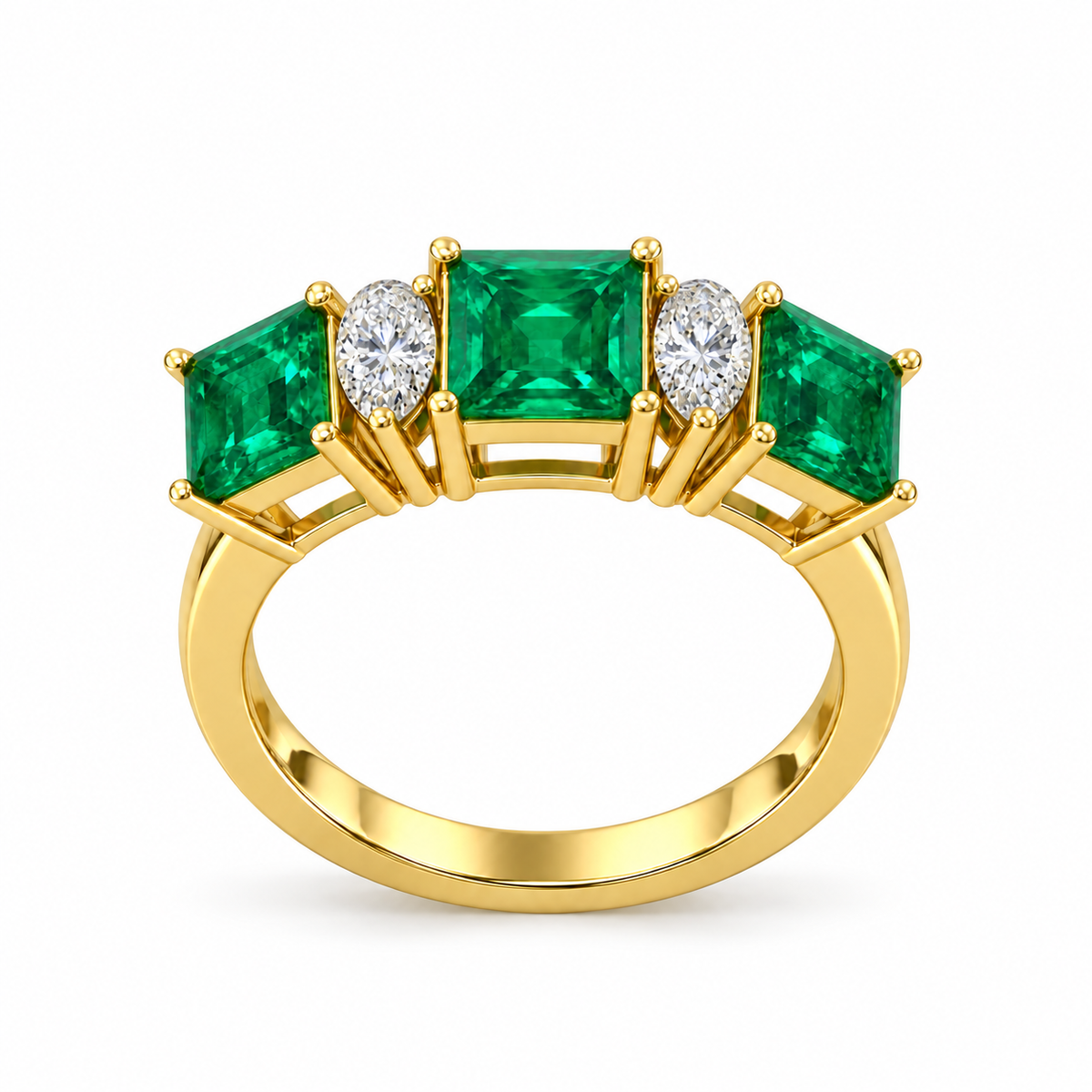A yellow gold ring featuring a central emerald-cut green gemstone flanked by two smaller emerald-cut green stones and two round brilliant-cut clear stones, shown on a plain white background.