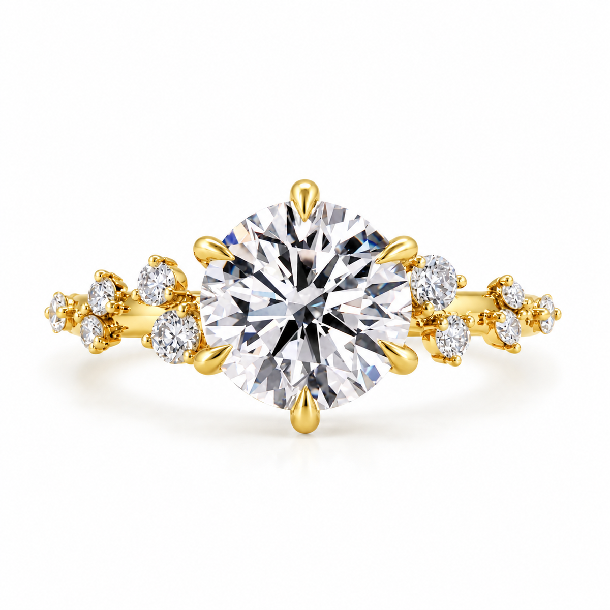 round lab grown diamond engagement ring in gold, three-quarter view