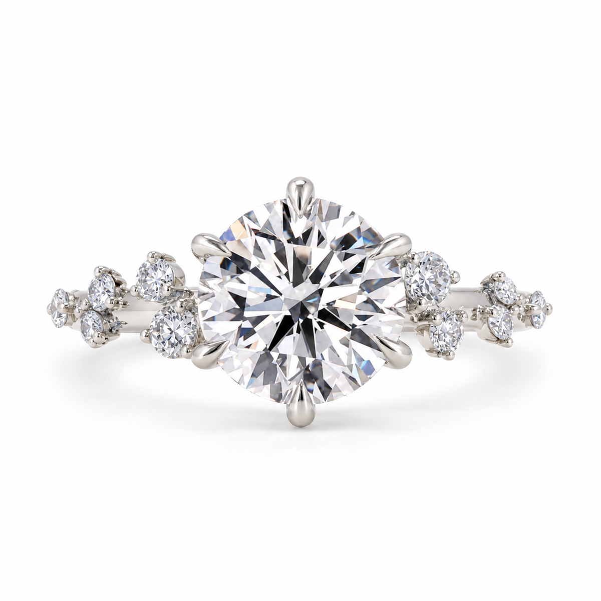 round lab grown diamond engagement ring in gold, detail of the setting