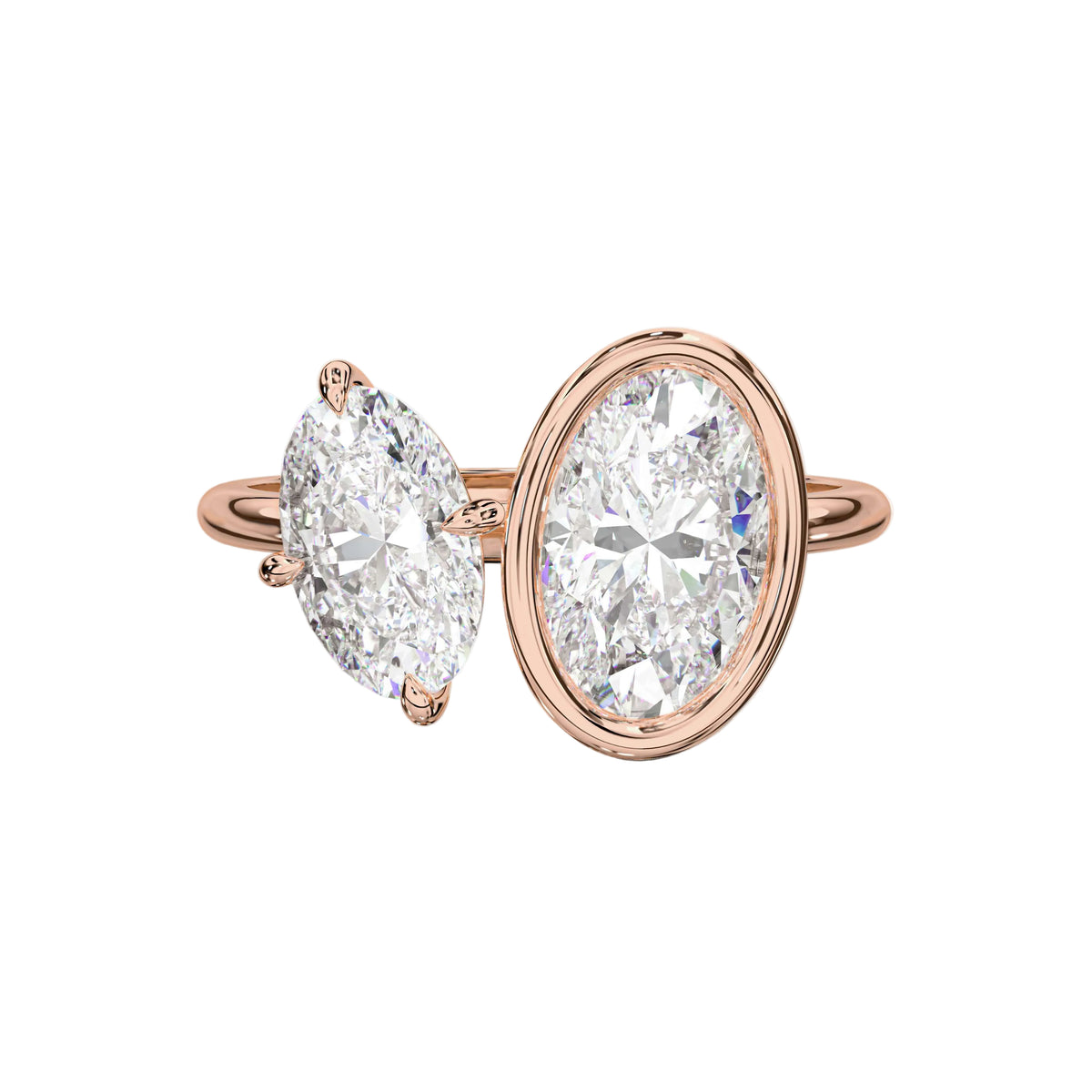 Two Oval Lab Grown Diamond & Moissanite Diamond Bezel Toi et Moi Ring