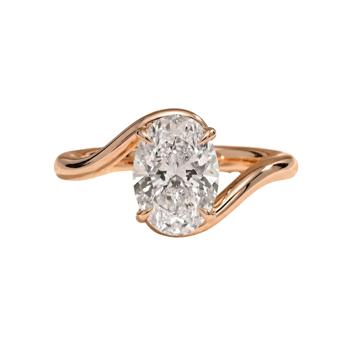Engagement ring with a 2-carat oval-cut solitaire in a curved bypass setting