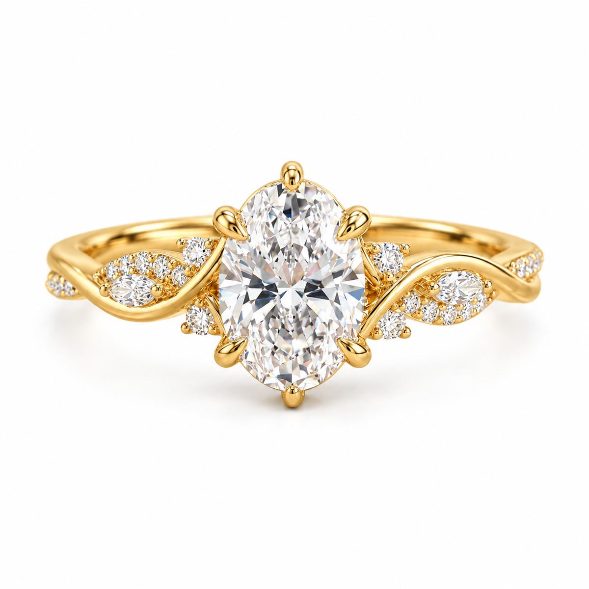 oval lab grown diamond engagement ring in gold, three-quarter view