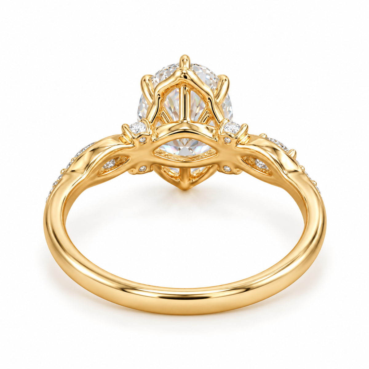 oval lab grown diamond engagement ring in gold, side profile