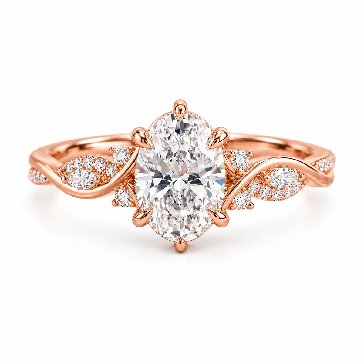 oval lab grown diamond engagement ring in gold, on-hand