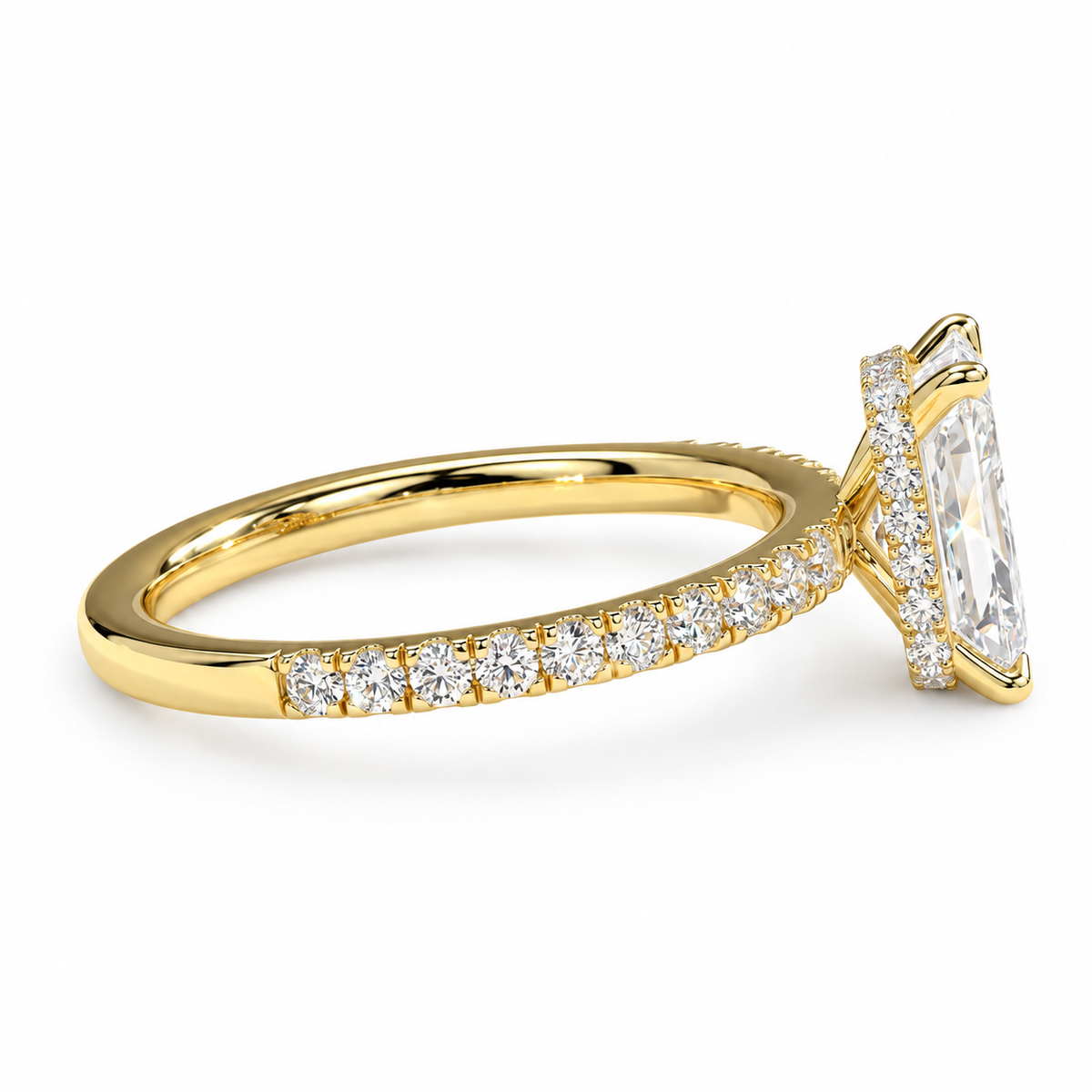 Radiant Cut Engagement Ring Fully Encircling Hidden Halo & Pavé Band Glamorous Diamond Ring