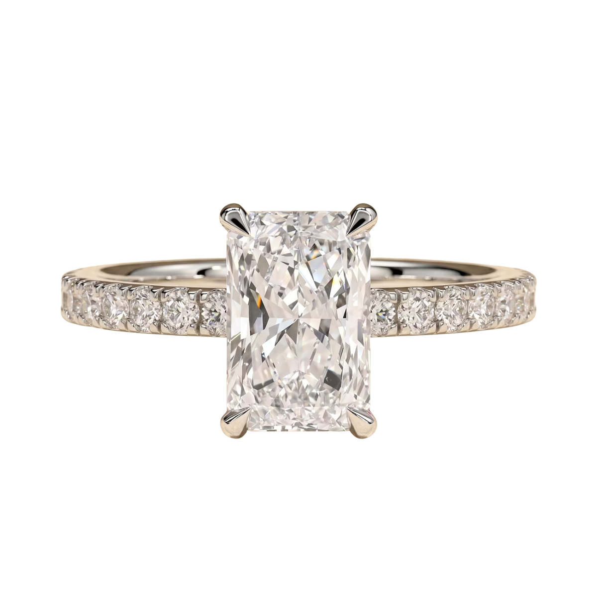 Radiant Cut Engagement Ring Fully Encircling Hidden Halo & Pavé Band Glamorous Diamond Ring