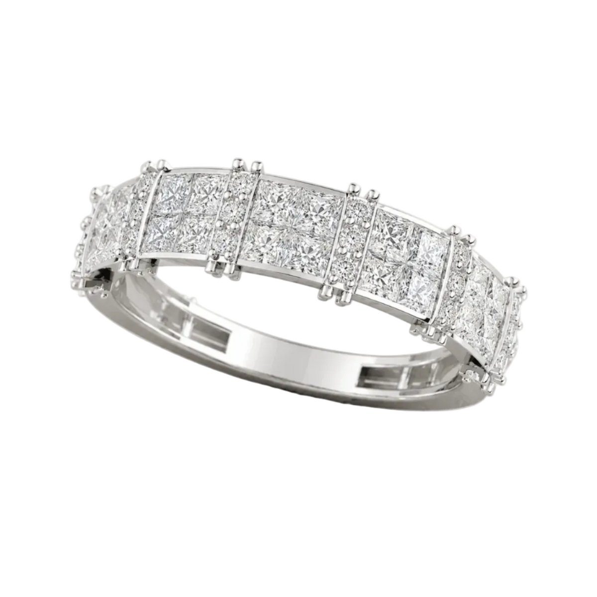 princess lab grown diamond eternity ring in silver, three-quarter view