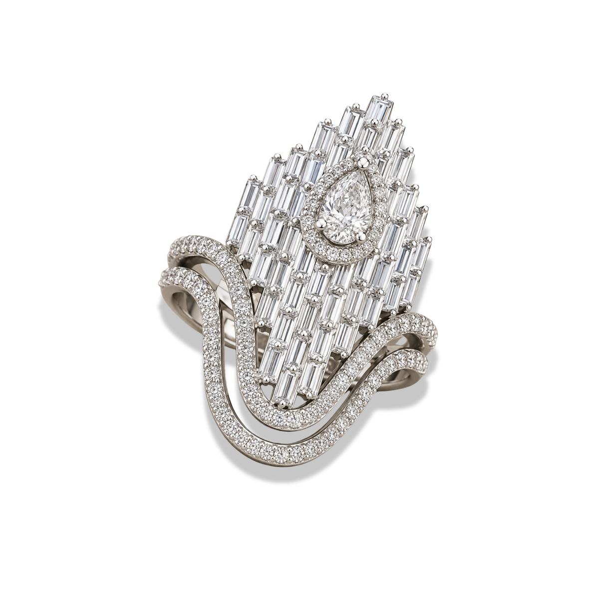 Pear Shape Moissanite & Lab Grown Diamond Statement Ring Baguette Diamond Halo