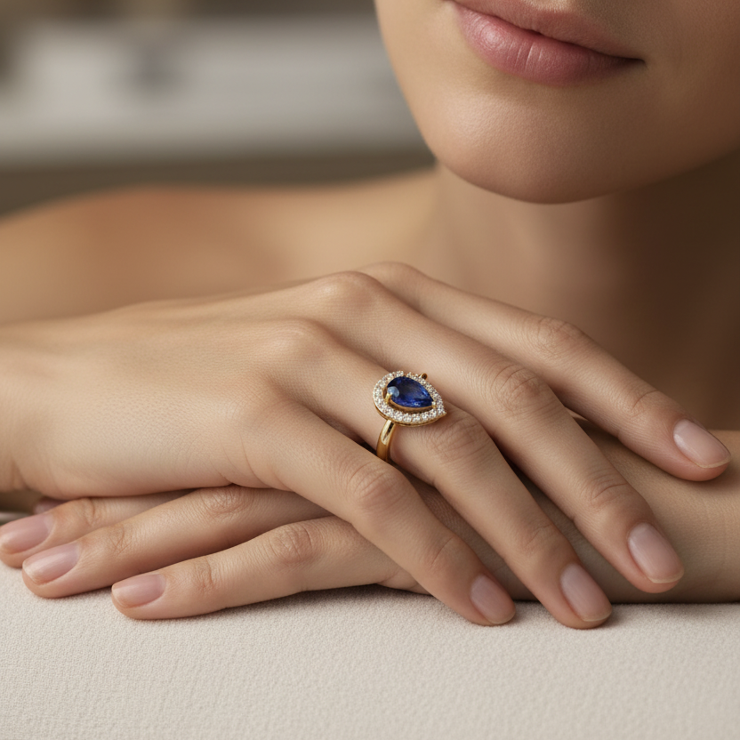 Pear Cut Blue Sapphire & Lab Grown Diamond Halo Engagement Ring