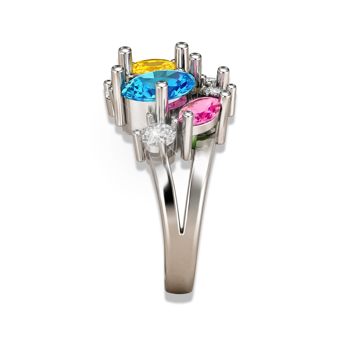 Multicolor Gemstone & Diamond Ring Blue, Yellow, Pink & Green Gemstone Statement Ring