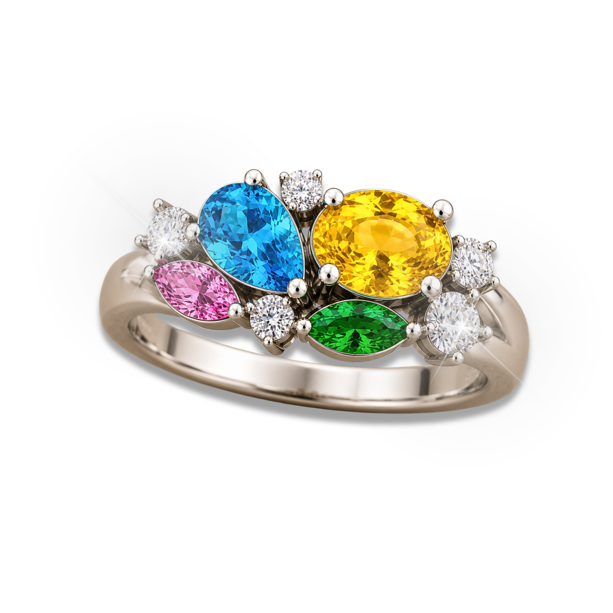 Multicolor Gemstone & Diamond Ring Blue, Yellow, Pink & Green Gemstone Statement Ring