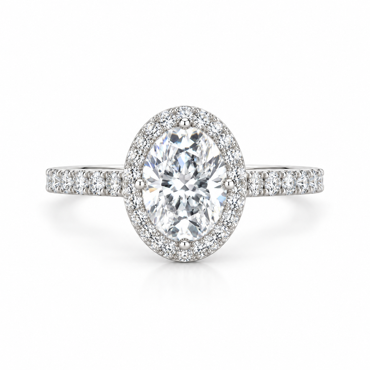 Oval Cut Lab Grown Diamond & Moissanite Halo Engagement Ring with Pavé Band