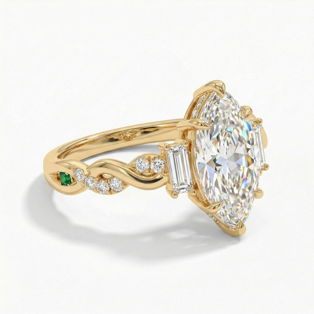 marquise lab grown diamond engagement ring in gold, three-quarter view