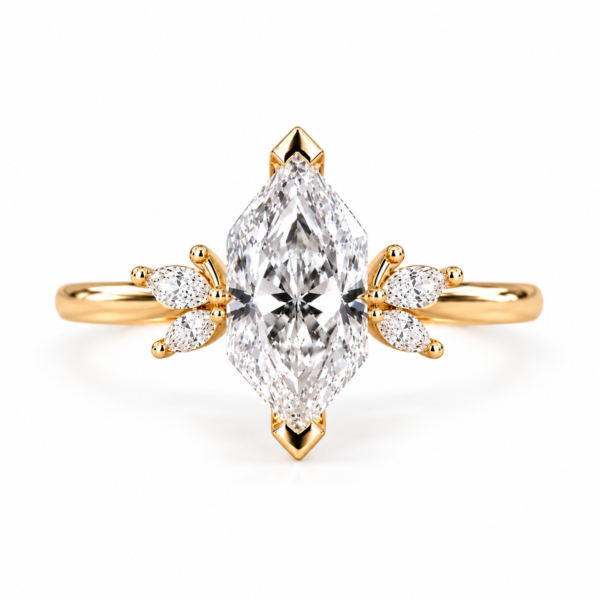 marquise lab grown diamond engagement ring in gold, three-quarter view