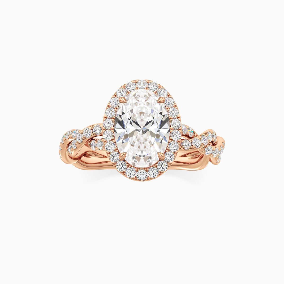 oval lab grown diamond engagement ring in silver, three-quarter view