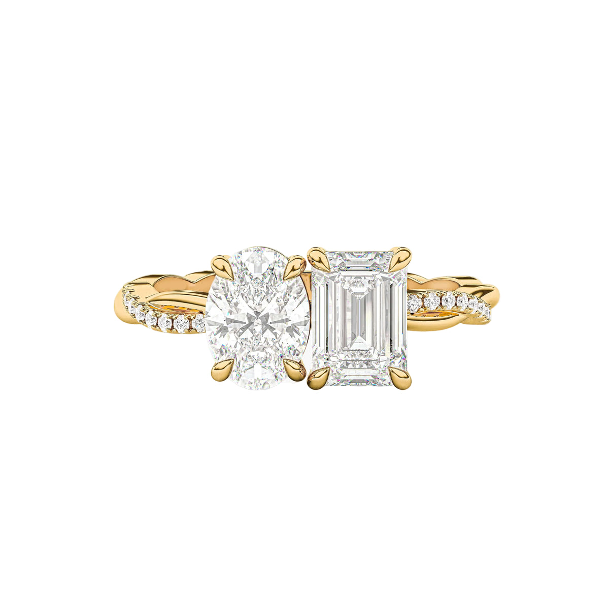 Twisted Band Emerald And Oval Toi et Moi Engagement Ring