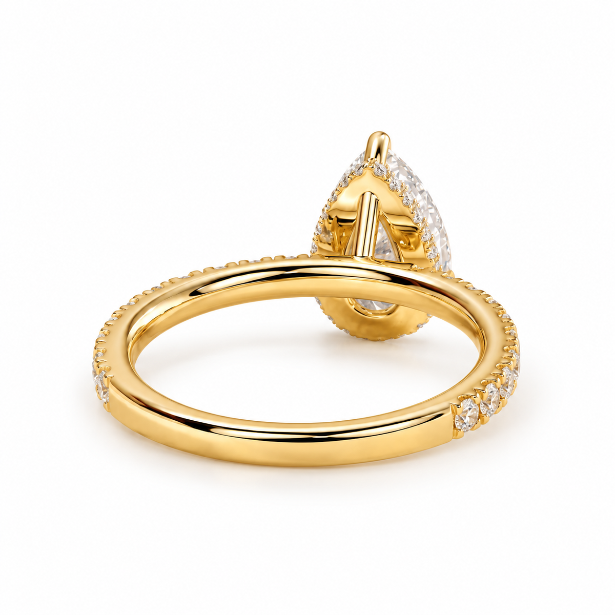 pear lab grown diamond engagement ring in gold, top view