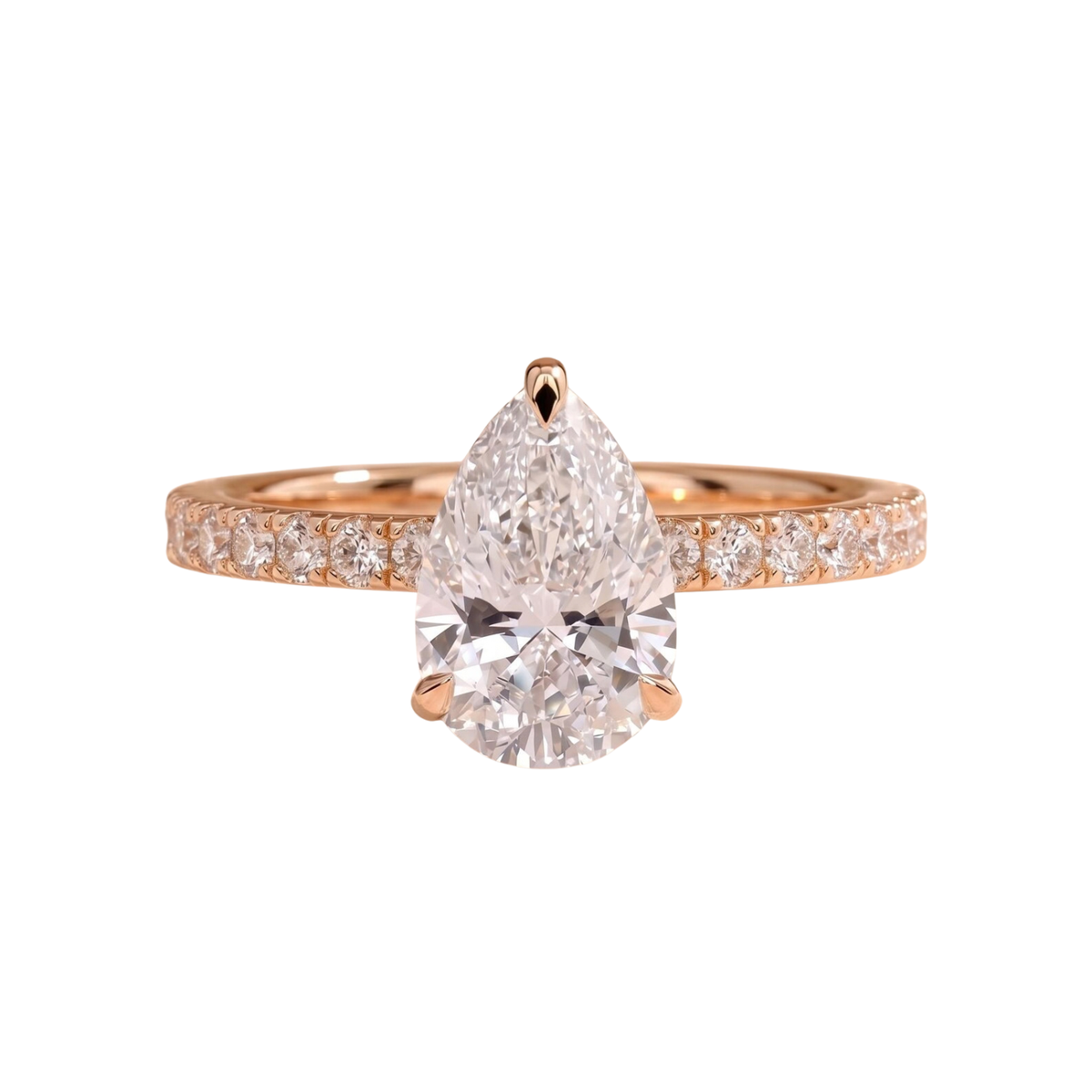 Drop Cut Engagement Ring 2ct Lab Grown Diamond Wrapping Hidden Halo Pavé Band Solitaire Gold