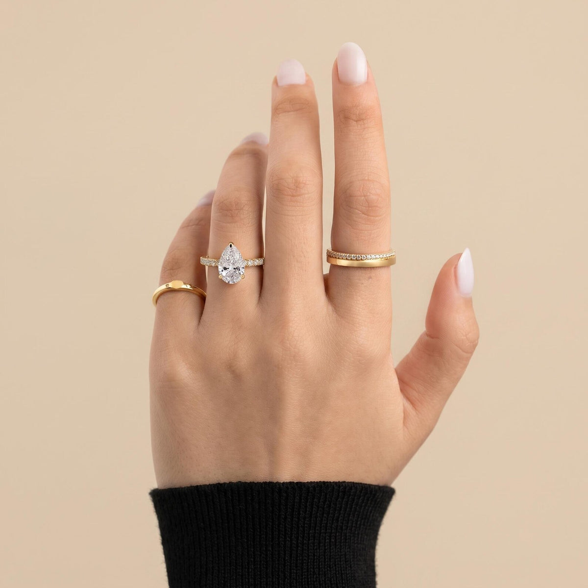 Drop Cut Engagement Ring 2ct Lab Grown Diamond Wrapping Hidden Halo Pavé Band Solitaire Gold