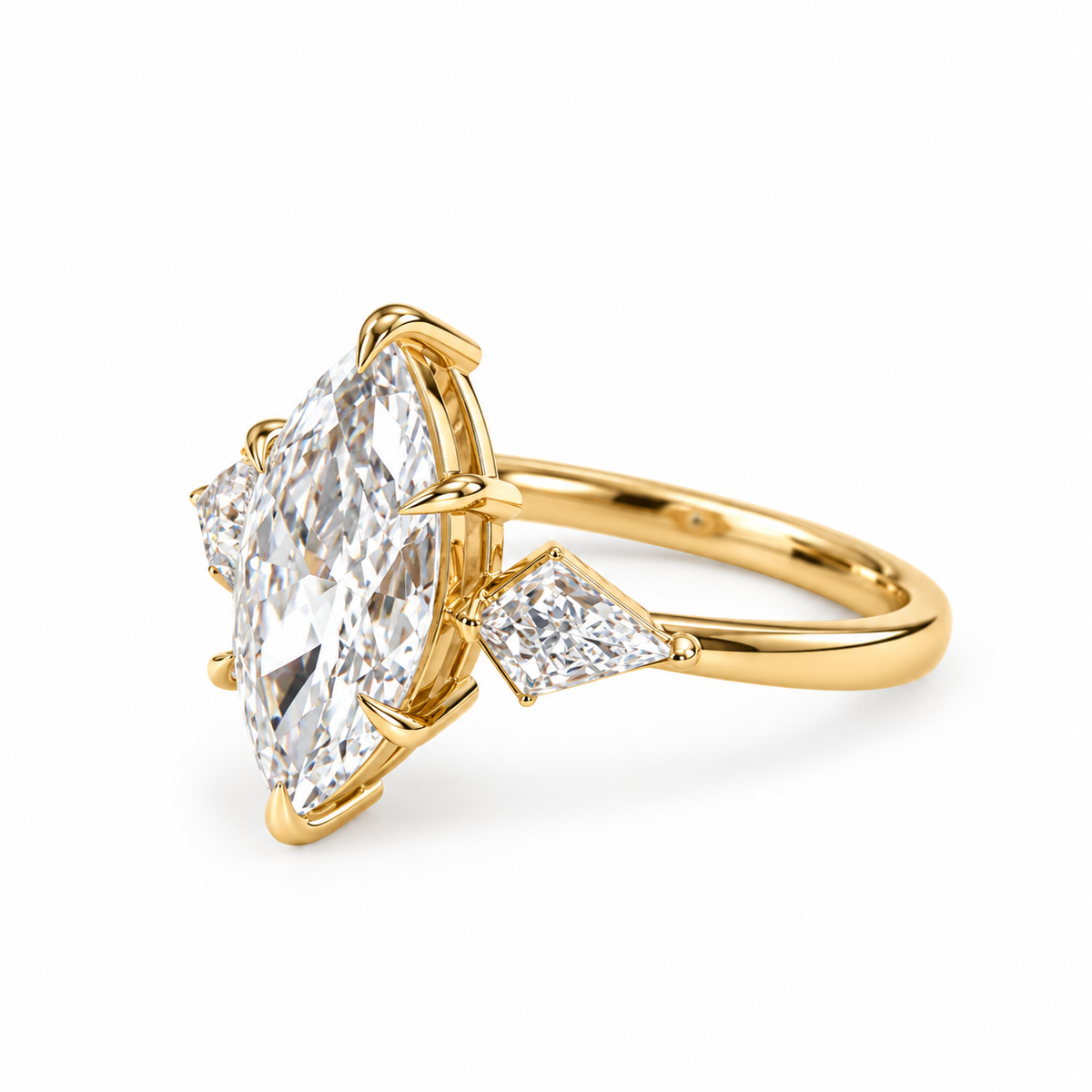 marquise lab grown diamond engagement ring in gold, top view