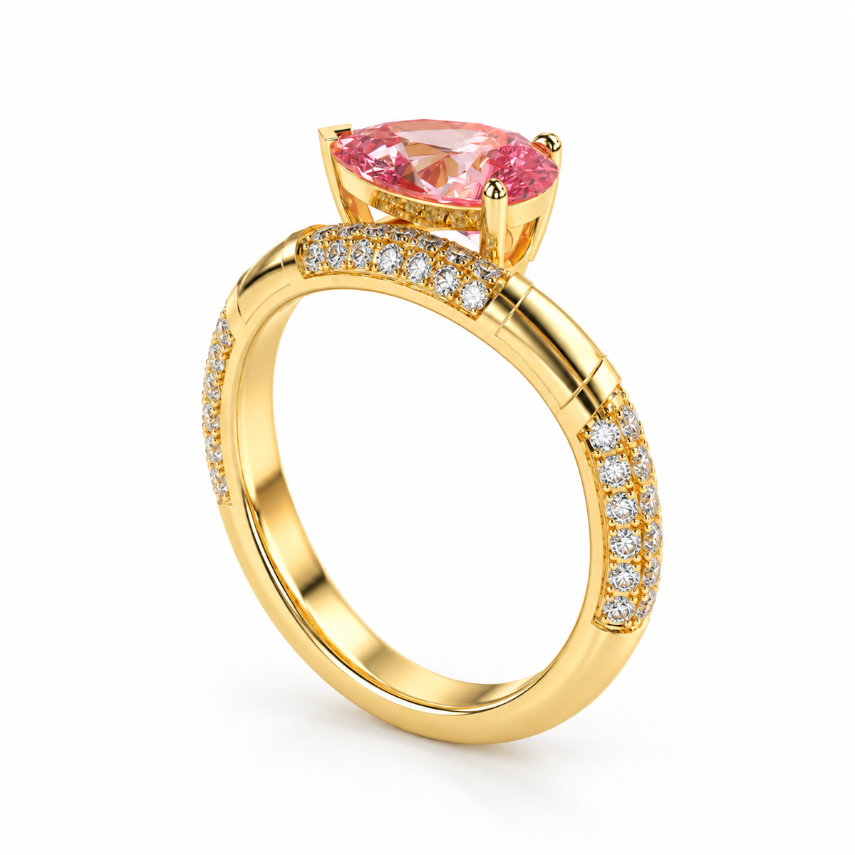 pear lab grown diamond engagement ring in 18k gold, side profile