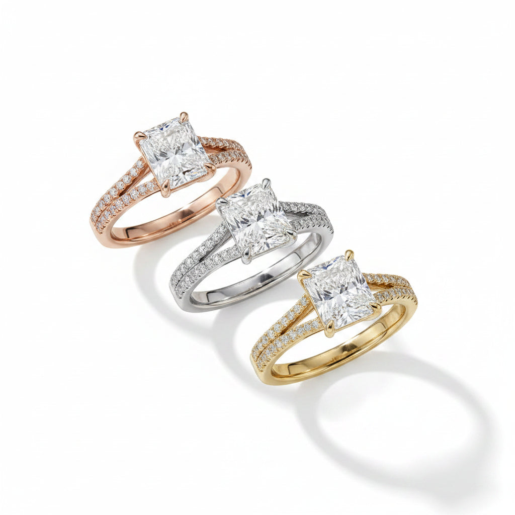 Radiant Cut Pavé Split Shank Solitaire Engagement Ring – Lab Grown Diamond & Moissanite