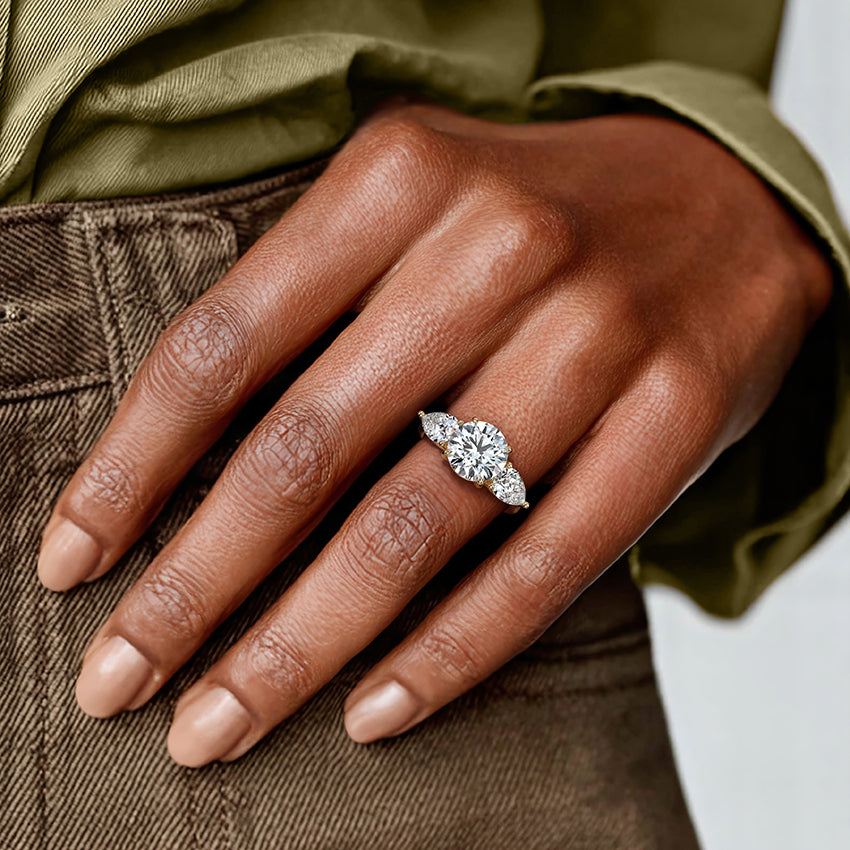 Luxe Opera Cushion Cut And Pear Cut Three Stone Diamond Ring