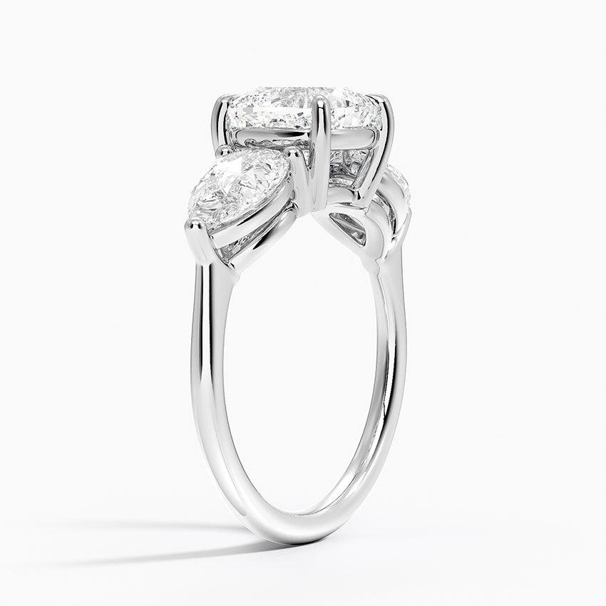 Luxe Opera Cushion Cut And Pear Cut Three Stone Diamond Ring