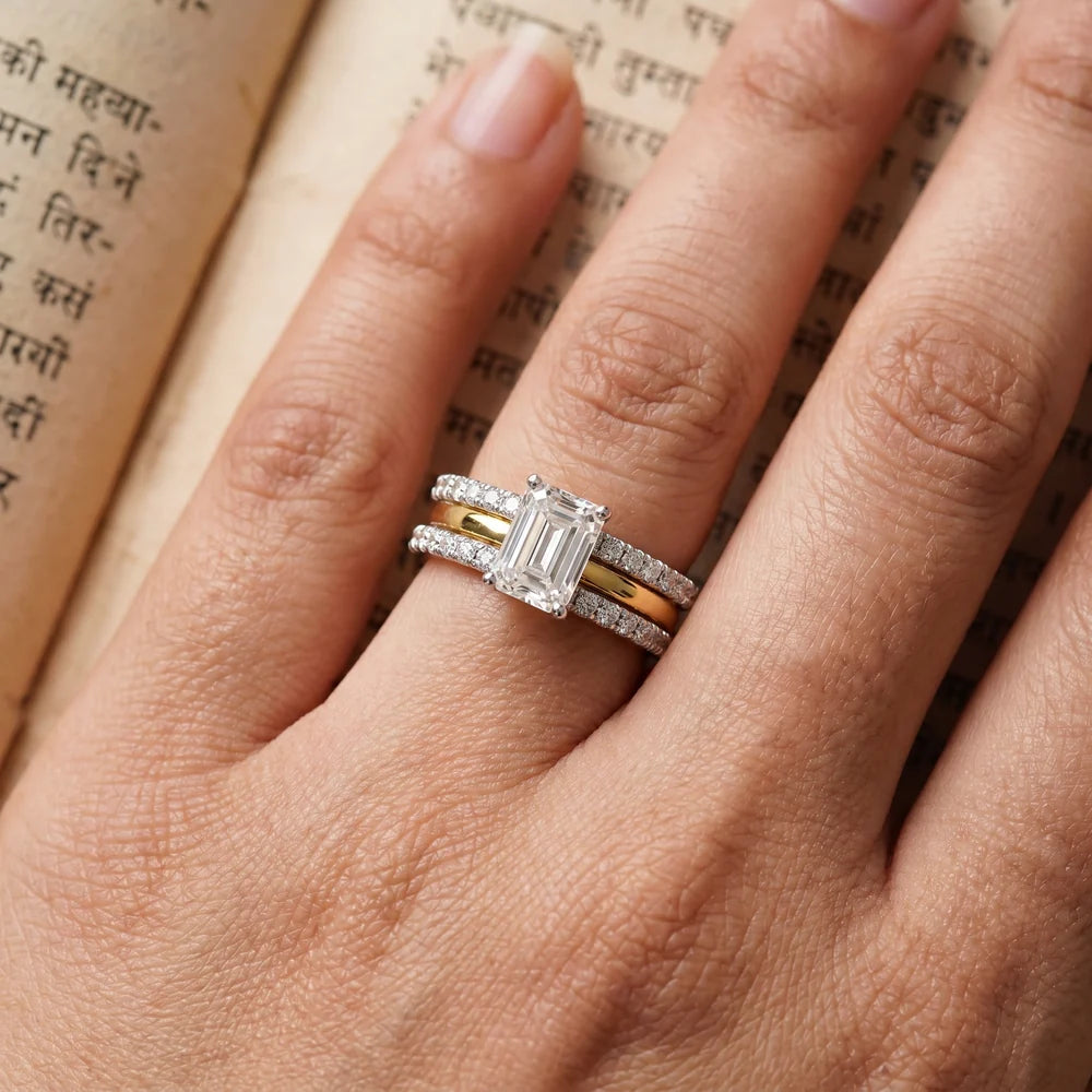 Emerald Cut Lab Grown Diamond & Moissanite Stackable Ring with Double Pavé Bands