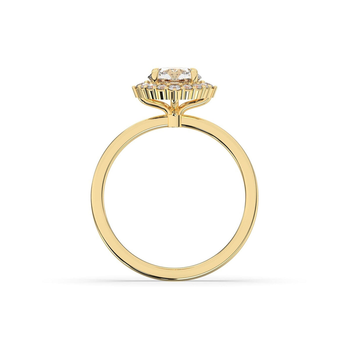 round lab grown diamond engagement ring in 18K, side profile