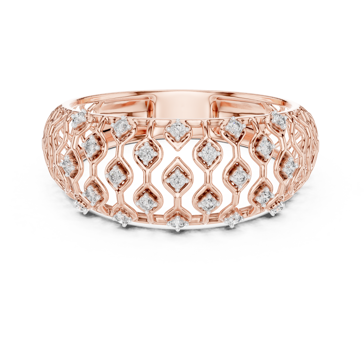 round lab grown diamond eternity band in silver, three-quarter view