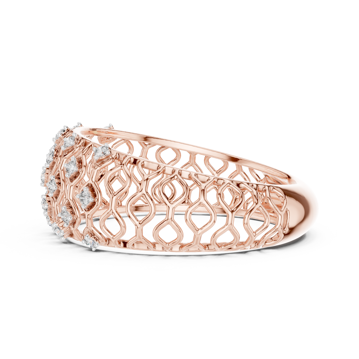 round lab grown diamond eternity band in 14K gold, top view