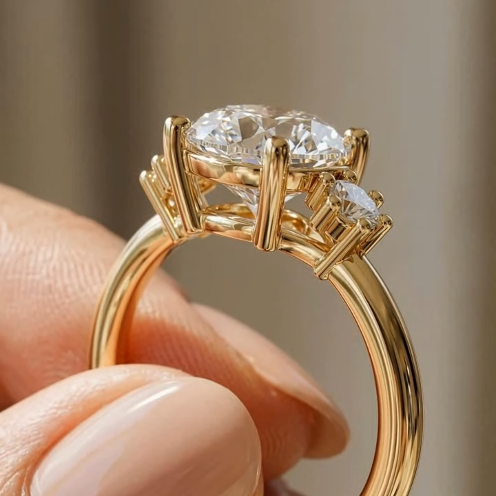 Pear Cut Three Stone Engagement Ring with Round Side Stones – Lab Grown Diamond & Moissanite