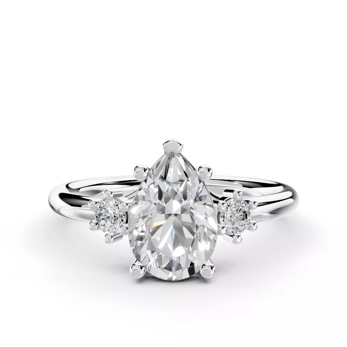 Pear Cut Three Stone Engagement Ring with Round Side Stones – Lab Grown Diamond & Moissanite