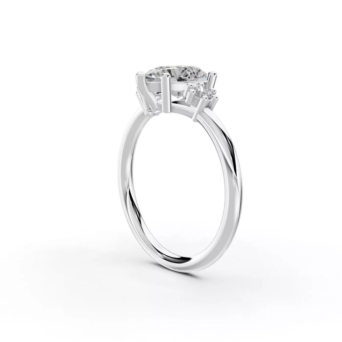 Pear Cut Three Stone Engagement Ring with Round Side Stones – Lab Grown Diamond & Moissanite