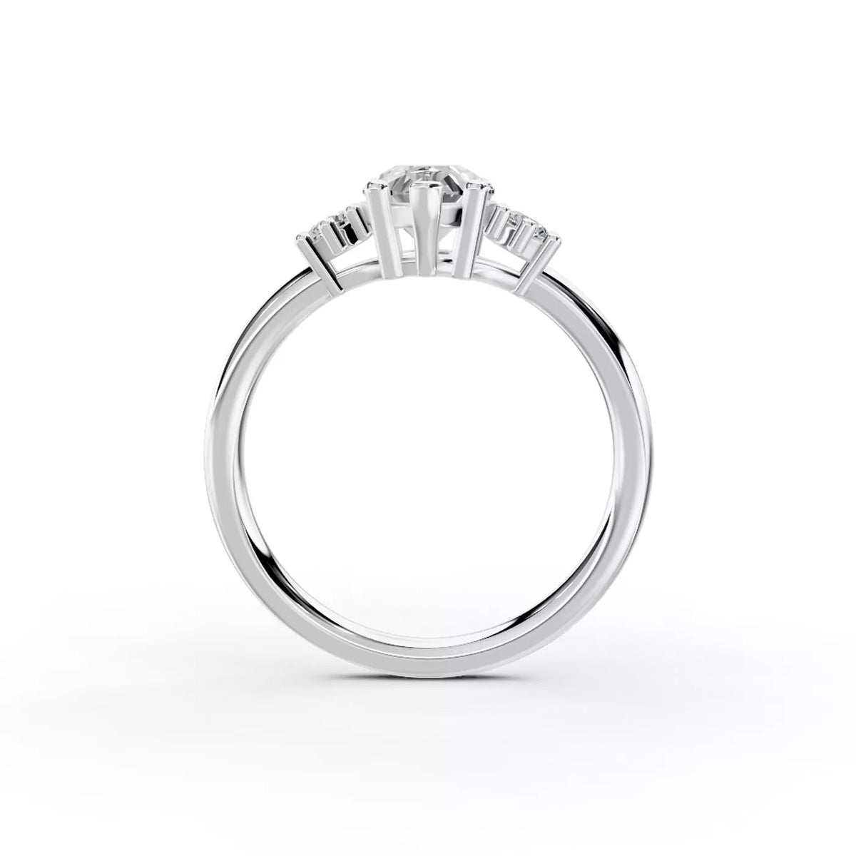 Pear Cut Three Stone Engagement Ring with Round Side Stones – Lab Grown Diamond & Moissanite