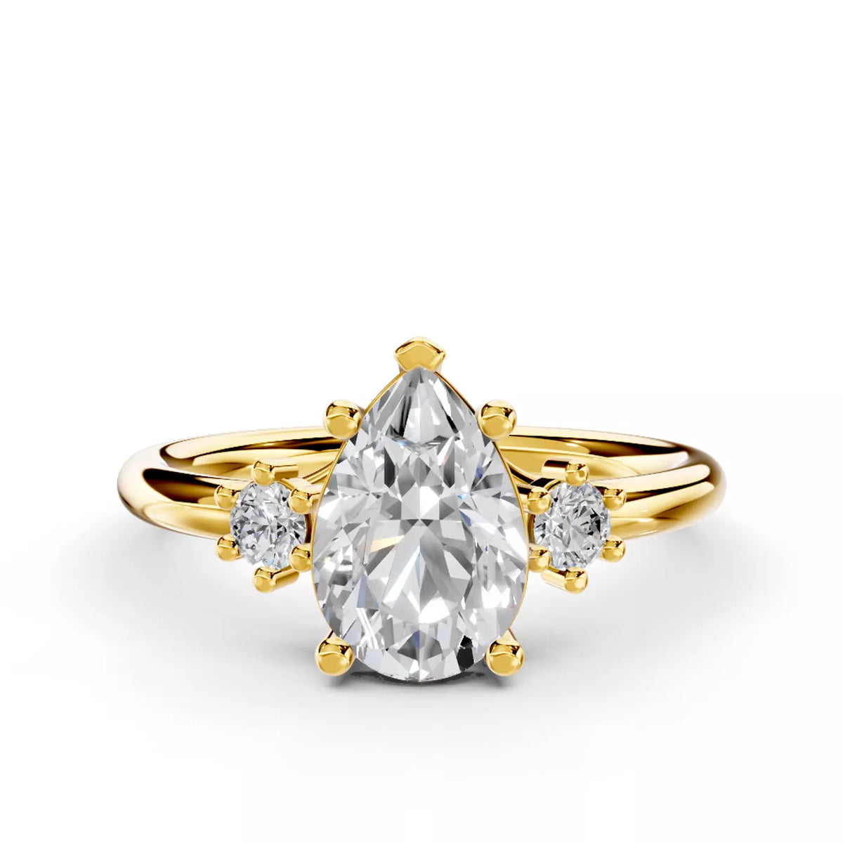 Pear Cut Three Stone Engagement Ring with Round Side Stones – Lab Grown Diamond & Moissanite