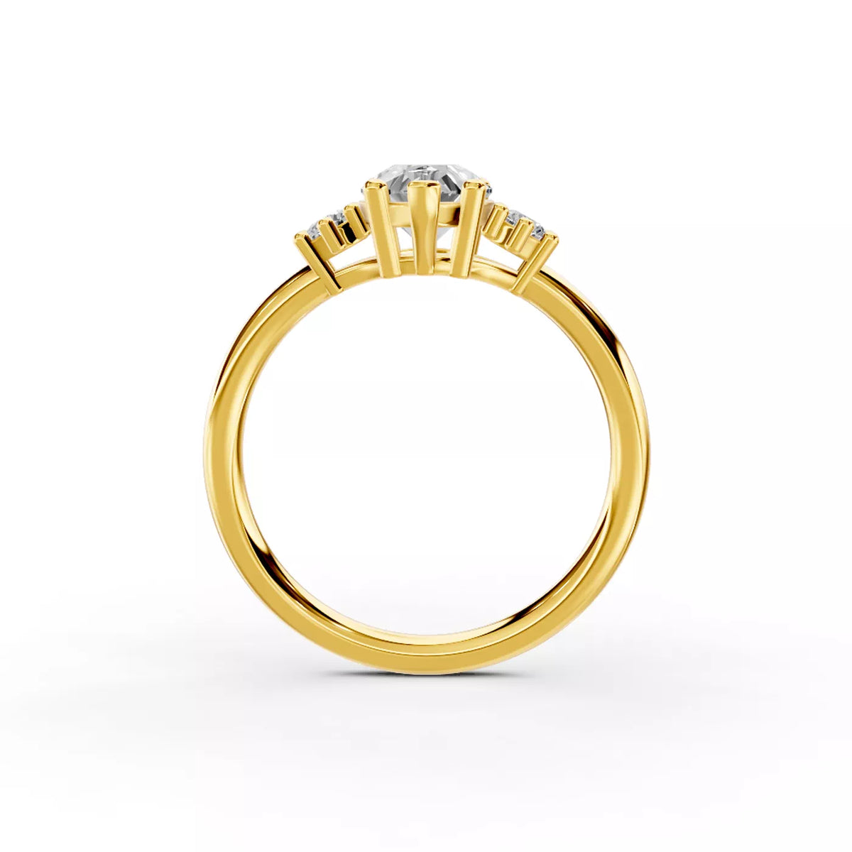 Pear Cut Three Stone Engagement Ring with Round Side Stones – Lab Grown Diamond & Moissanite