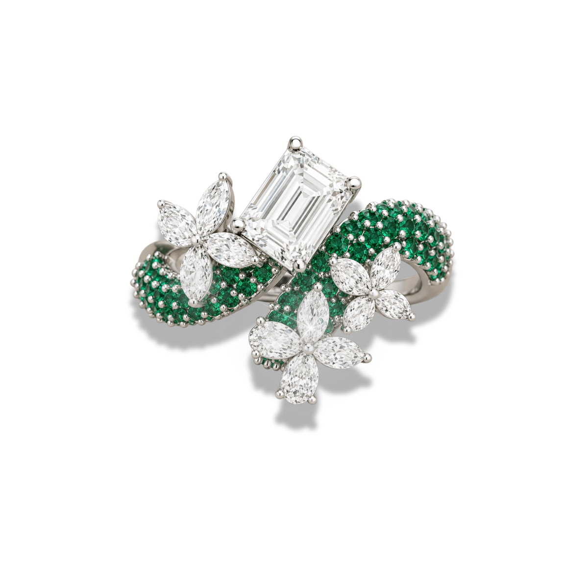 Emerald Green & Lab Grown Diamond Floral Ring with Emerald Cut Center Stone