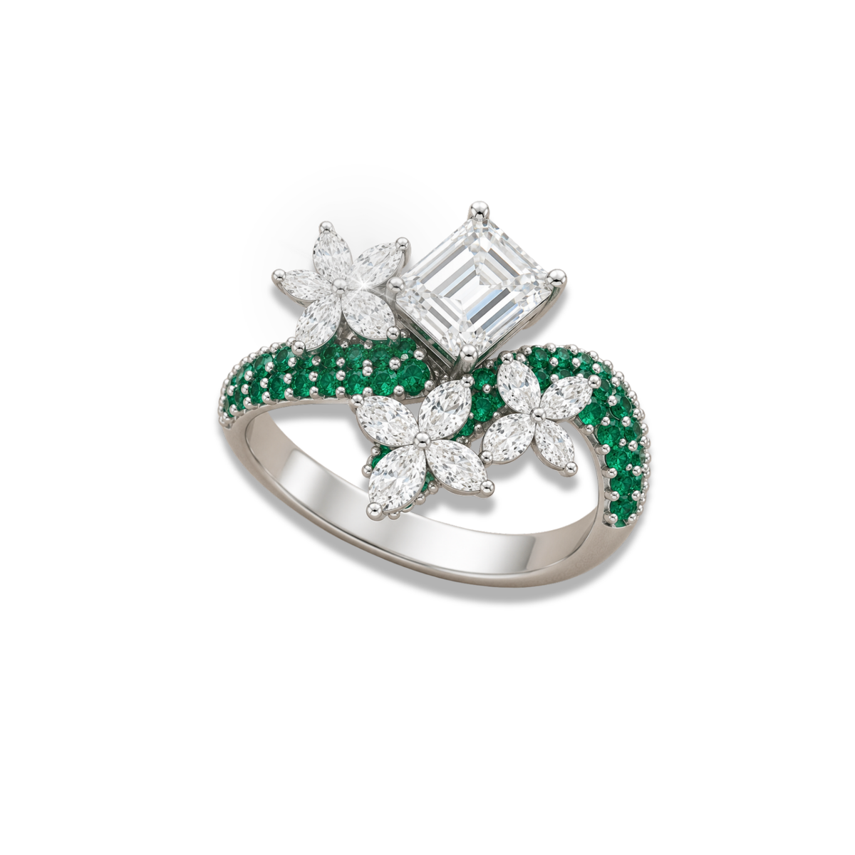 Emerald Green & Lab Grown Diamond Floral Ring with Emerald Cut Center Stone