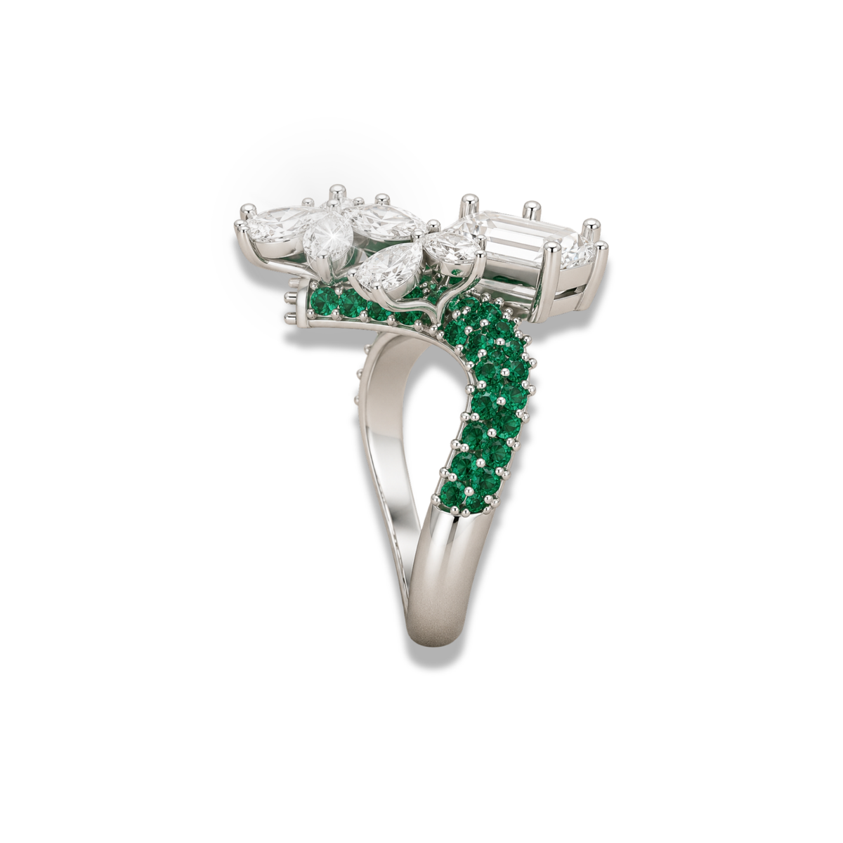 Emerald Green & Lab Grown Diamond Floral Ring with Emerald Cut Center Stone
