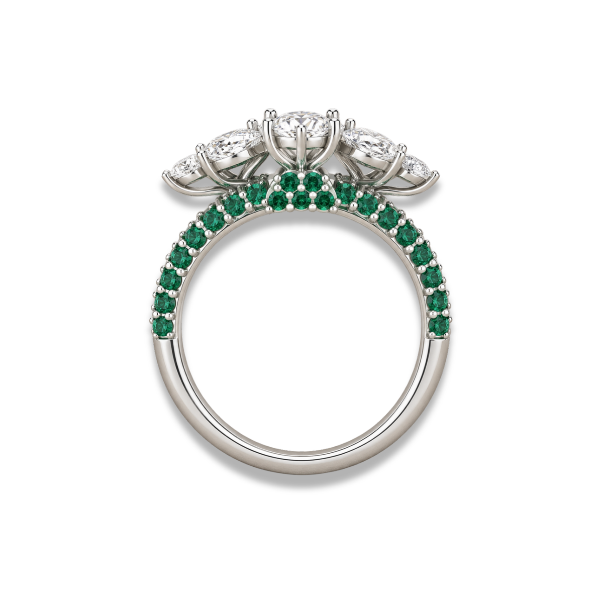 Emerald Green & Lab Grown Diamond Floral Ring with Emerald Cut Center Stone
