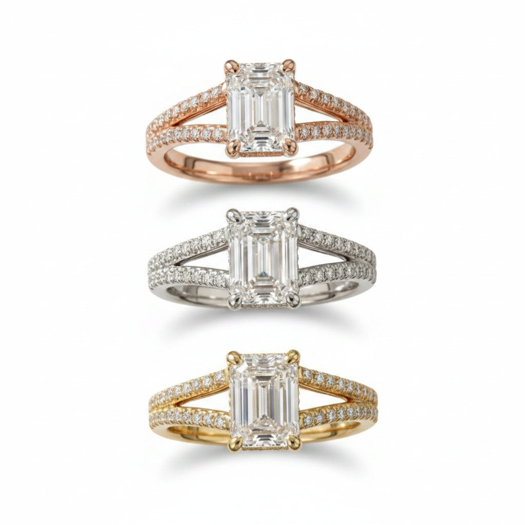 Emerald Cut Pavé Split Shank Lab Grown Diamond And Moissanite Solitaire Engagement Ring