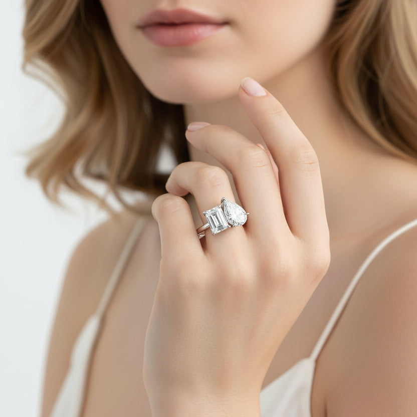 Toi et Moi Emerald and Pear Diamond Engagement Ring