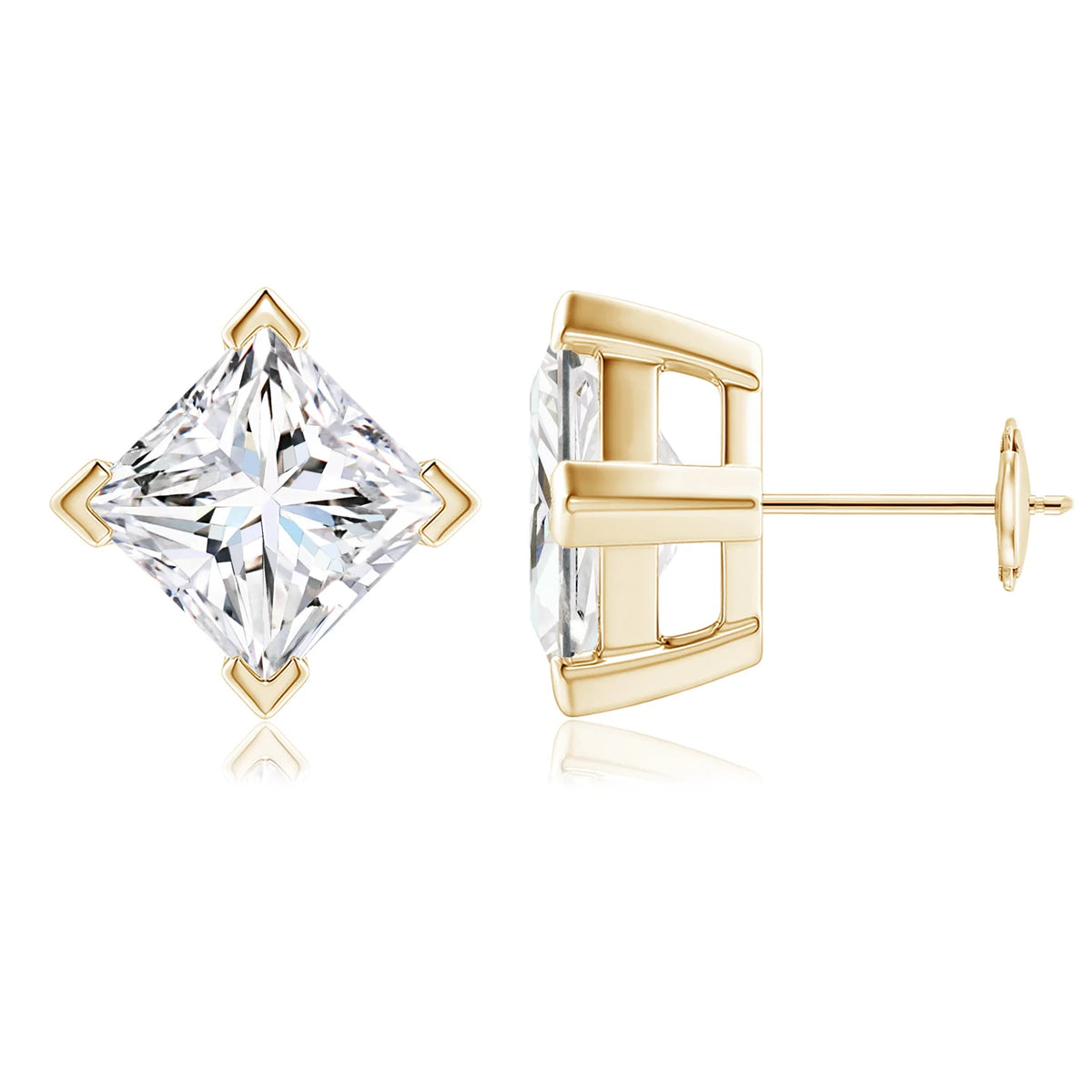 princess lab grown diamond earrings in 18K gold, side profile