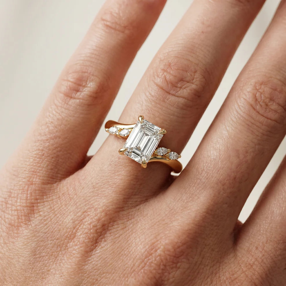 Emerald Cut Floral Lab Grown Diamond & Moissanite Engagement Ring