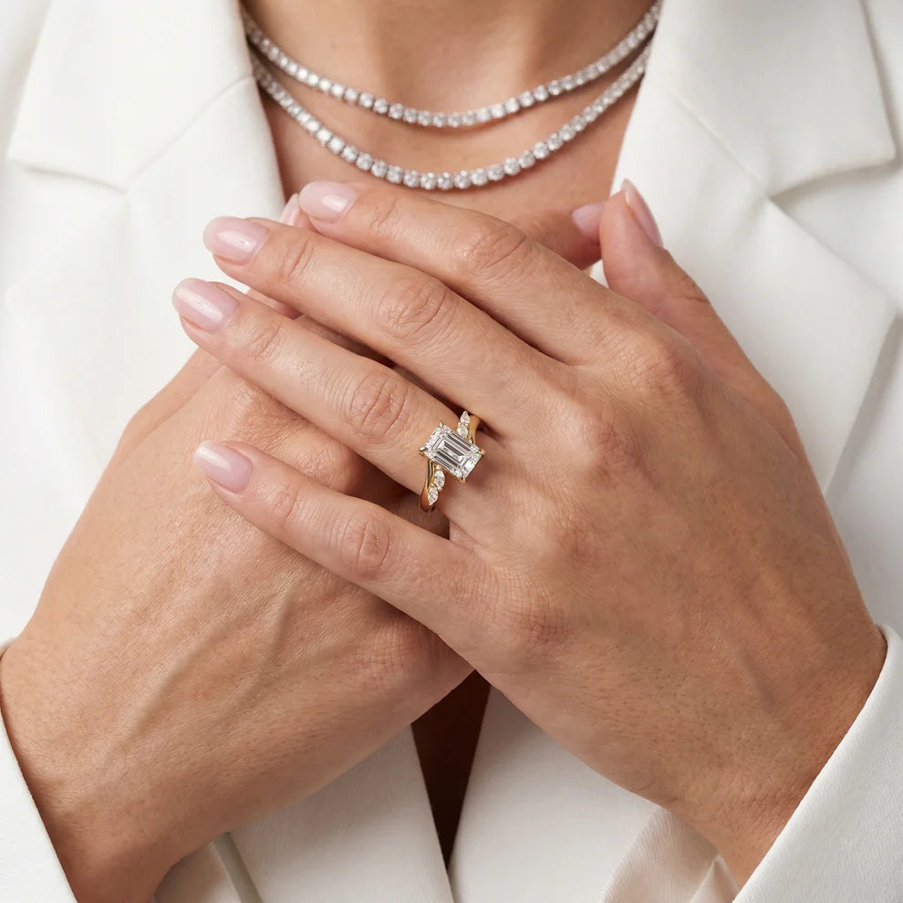 Emerald Cut Floral Lab Grown Diamond & Moissanite Engagement Ring