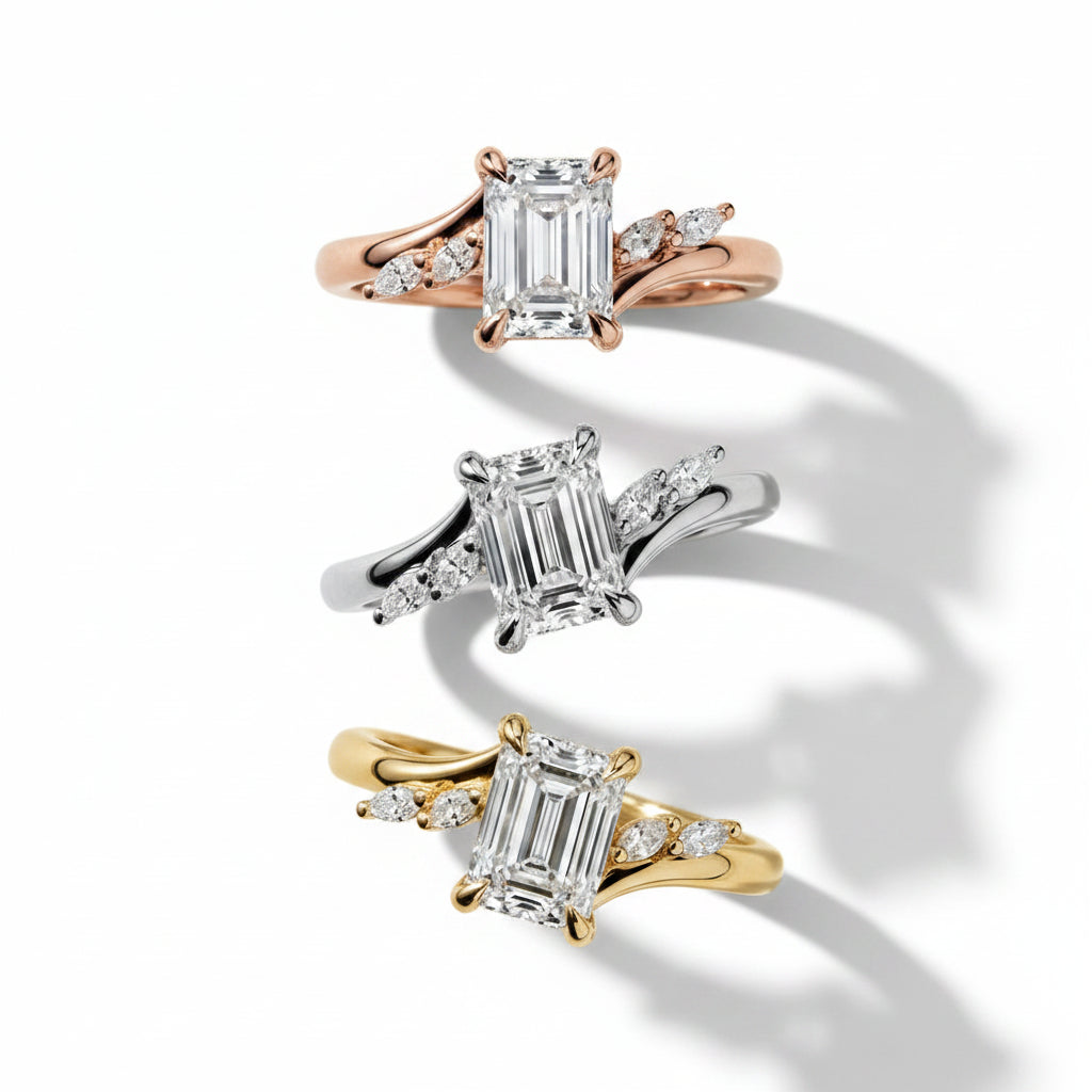 Emerald Cut Floral Lab Grown Diamond & Moissanite Engagement Ring