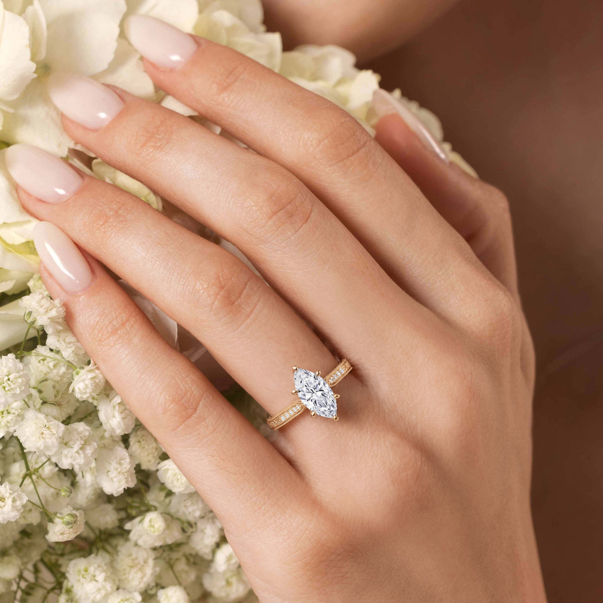 Lab-Grown Vintage Lily Floral Marquise Pavé Engagement Ring