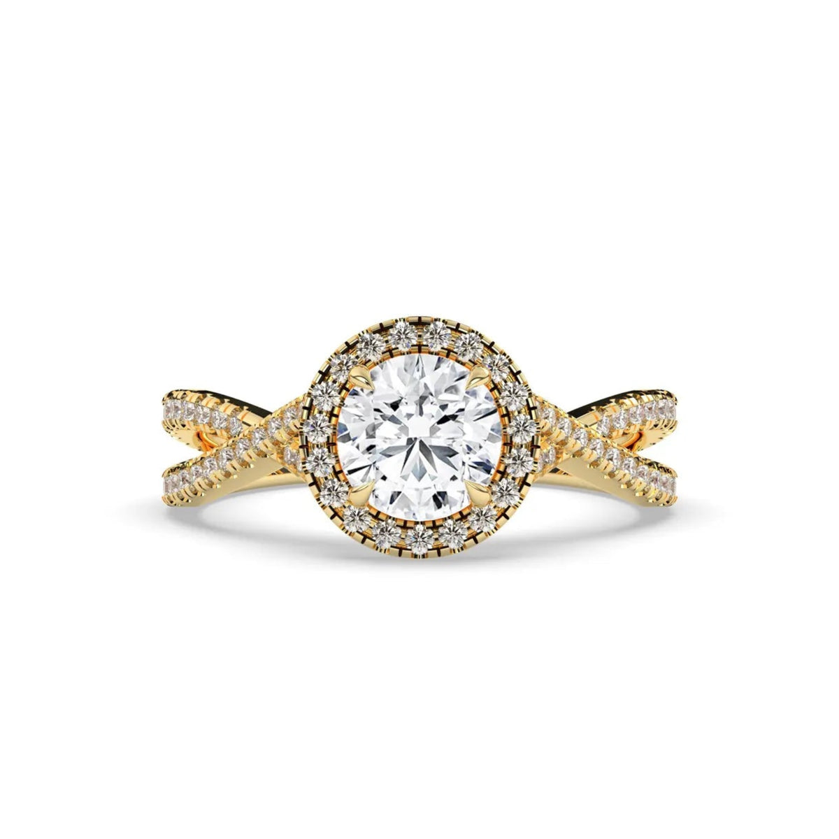 A yellow gold engagement ring featuring a round brilliant-cut center stone surrounded by a halo of small pavé-set diamonds, with a twisted shank also accented by diamonds, set against a plain white background.